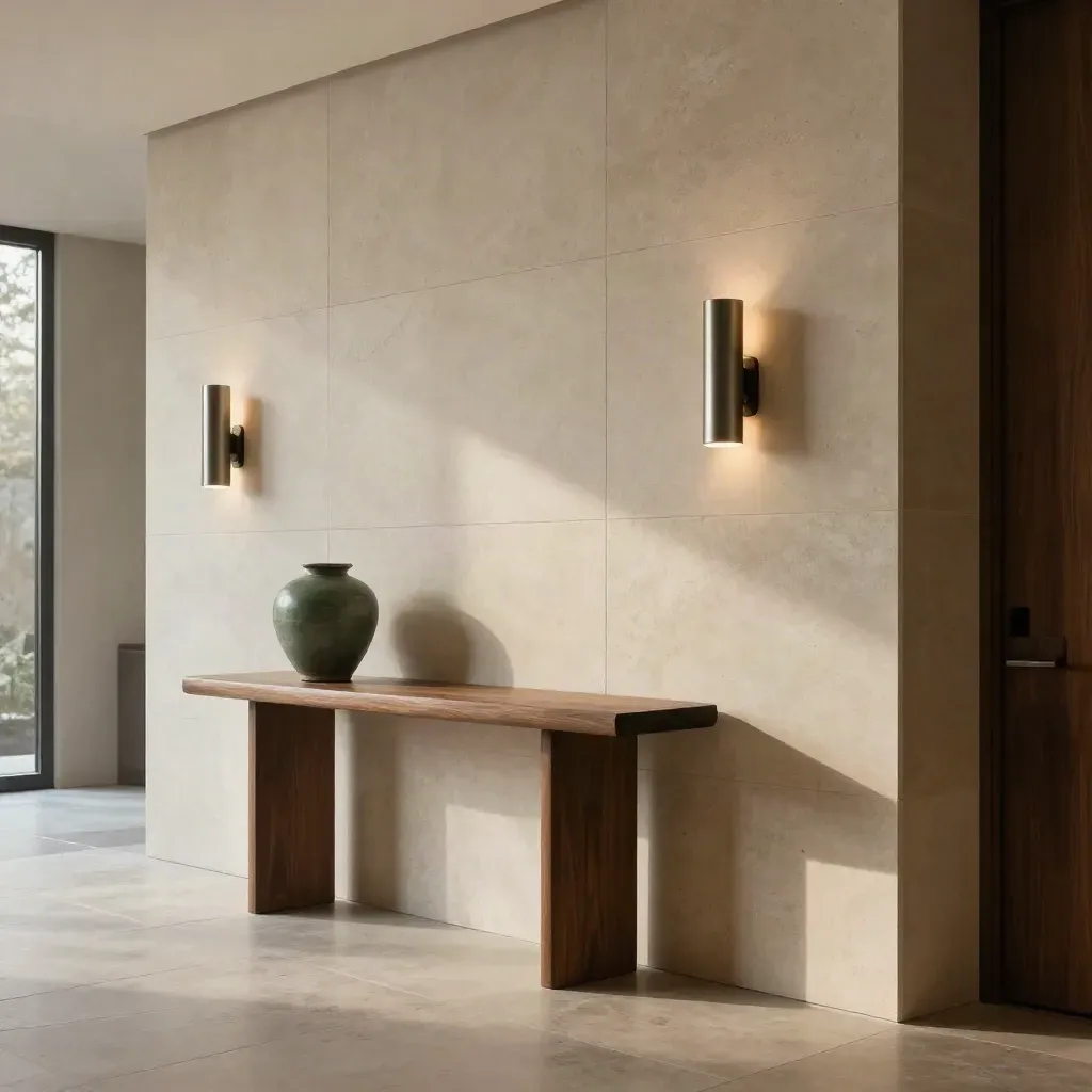 Honed stone feature wall with metal sconces, narrow console, and moody grand entry light