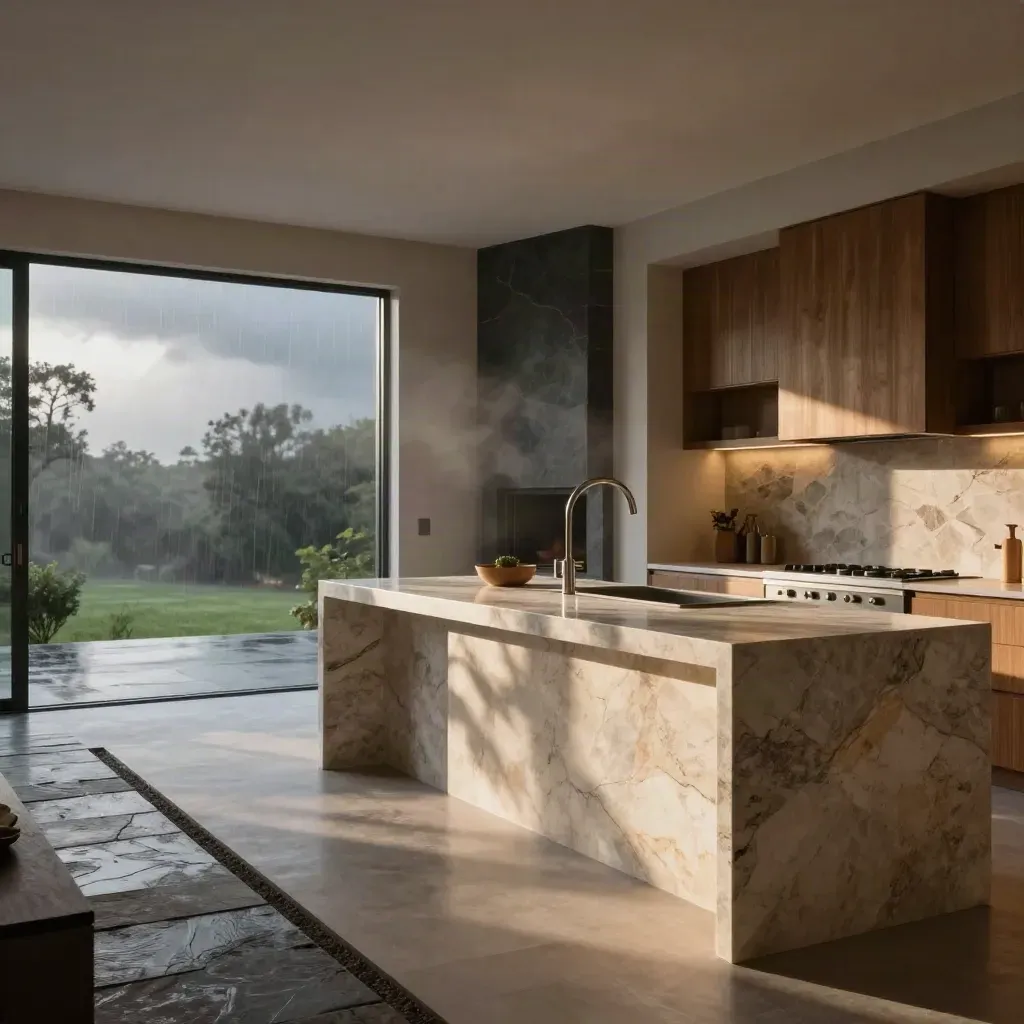 Austin kitchen with quartzite island, fireplace surround, and storm-lit stone finishes.