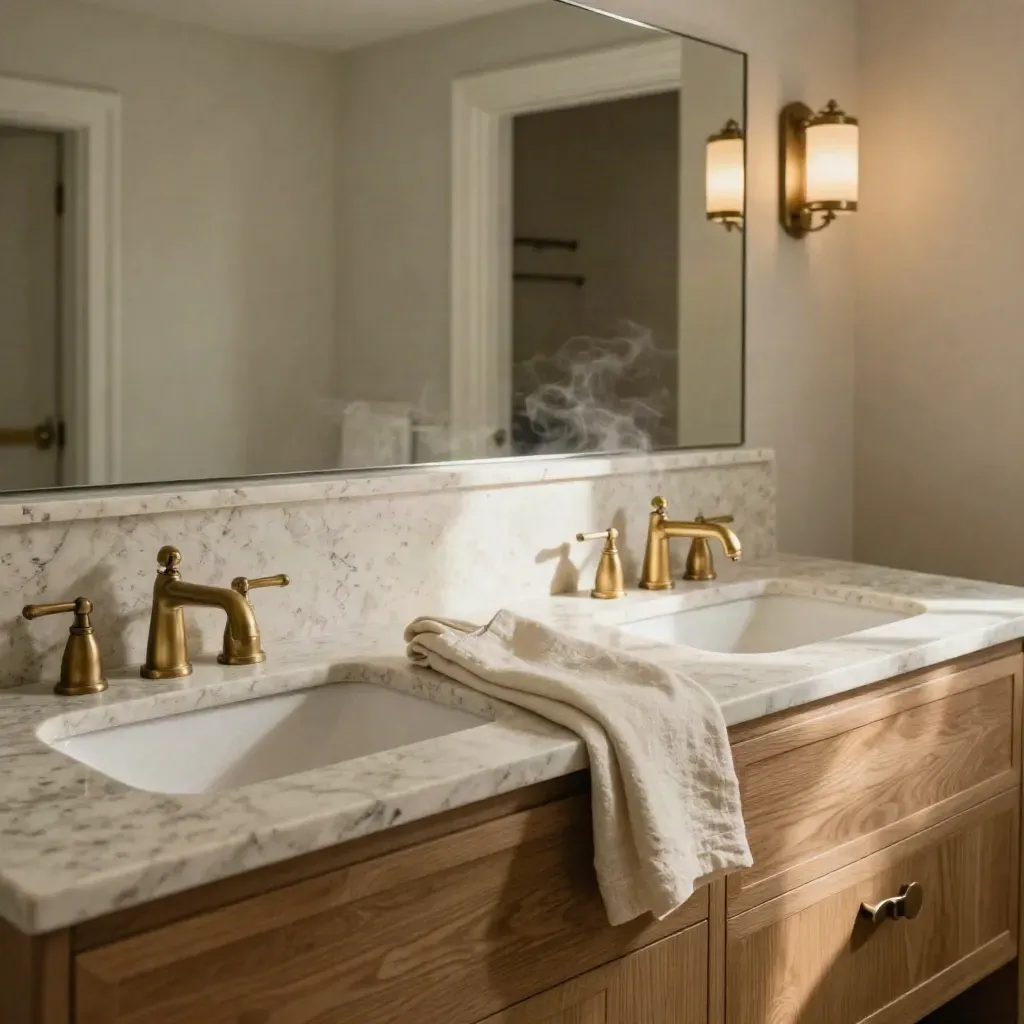 Matched marble vanity tops with integrated sinks in a serene primary bath, with soft steam and warm light.