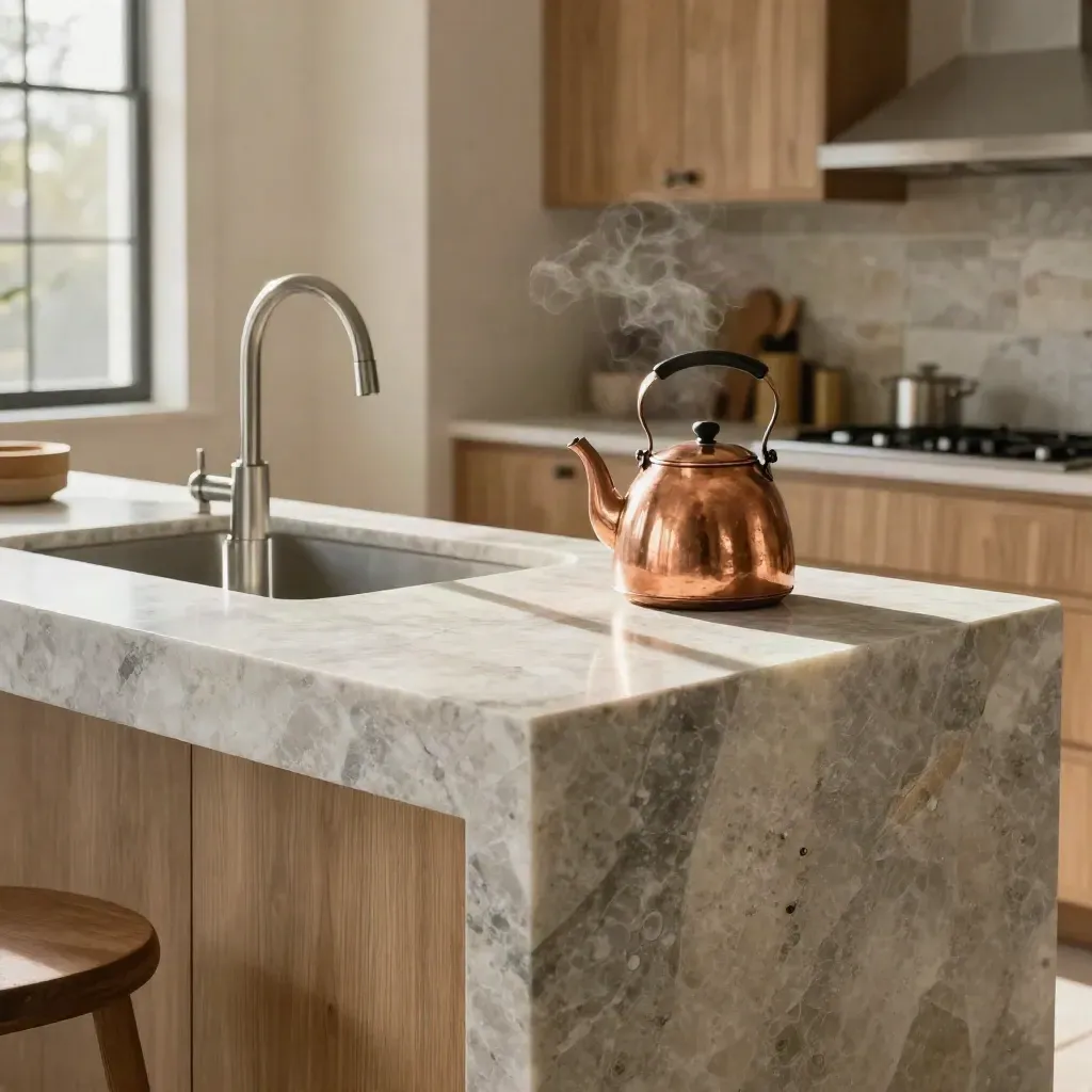 Quartzite kitchen island with sink, cutting board, and copper kettle in warm Austin light