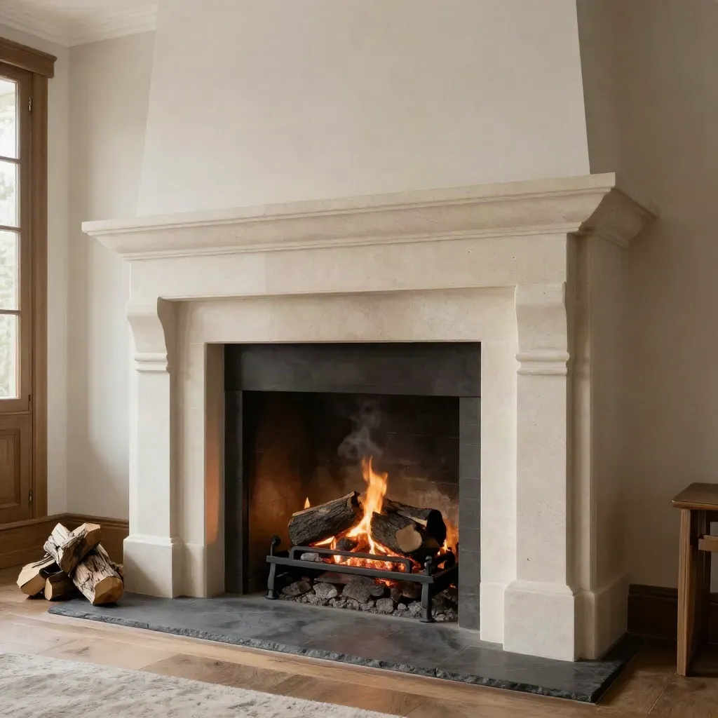 Limestone fireplace surround glowing with a just-lit fire in a modern living room.