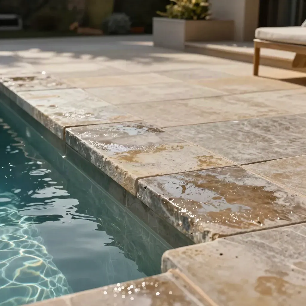 Wet sandstone patio pavers beside a pool with planter and chair