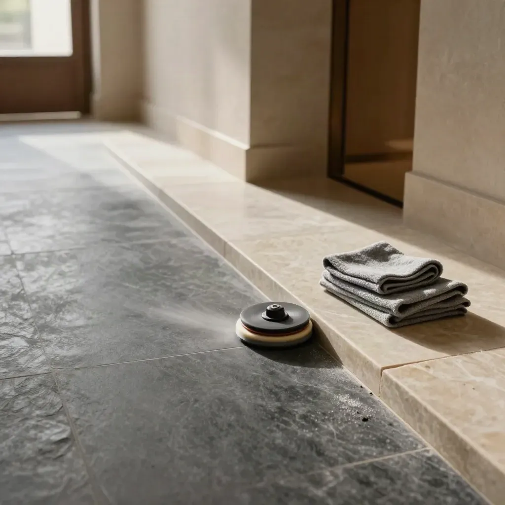 Limestone foyer floor being polished, buffer at frame edge and felt pads nearby.