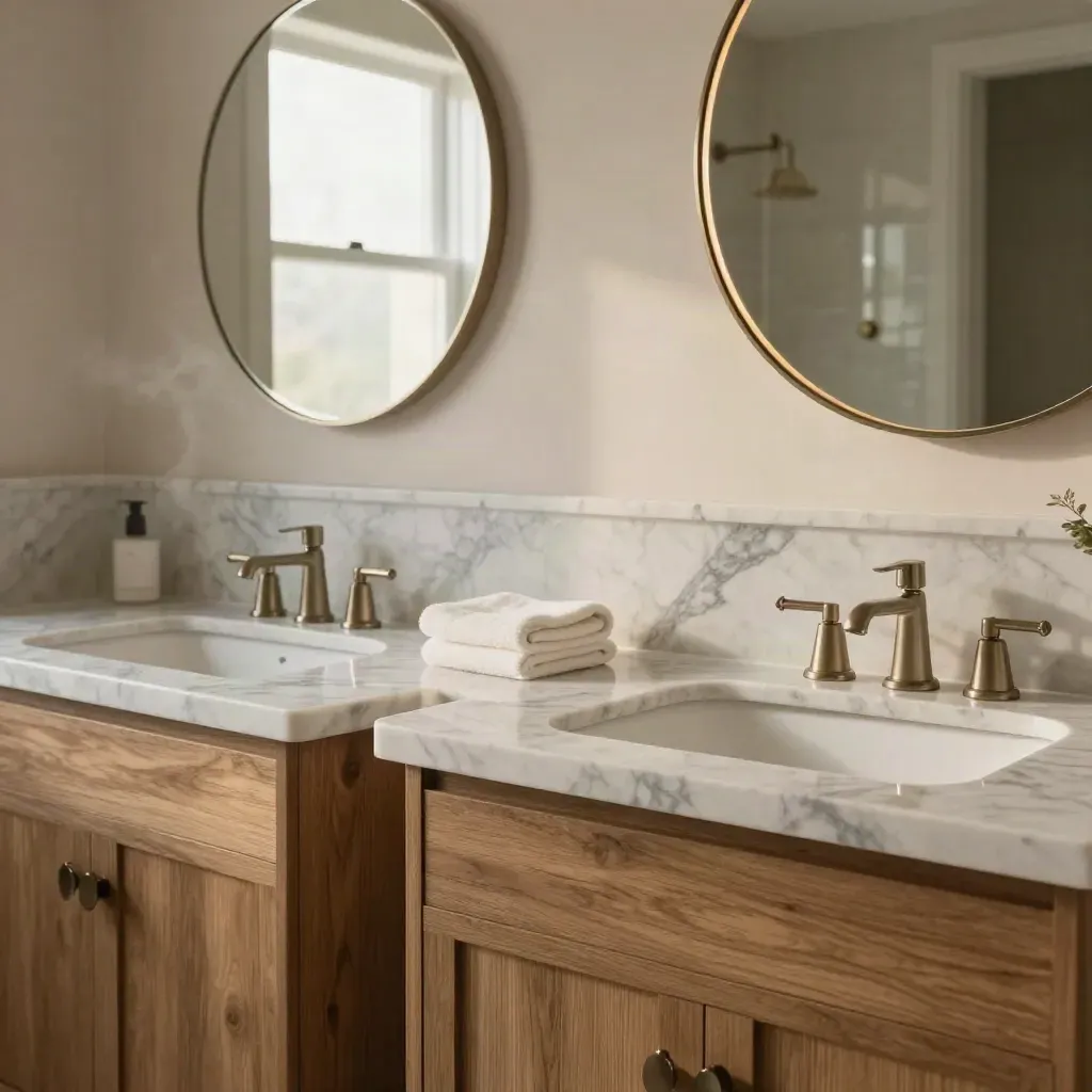 Two matching marble bathroom vanities with aligned veining and glowing mirrors in a finished bath.