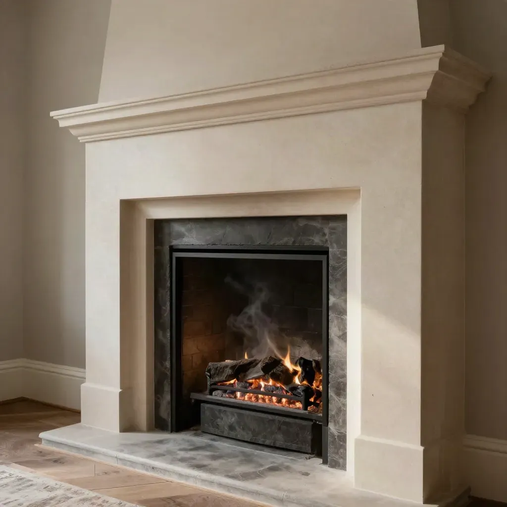 Close-up limestone fireplace surround with glowing embers and heat shimmer