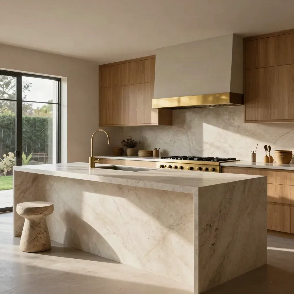 Grand quartzite kitchen island with waterfall ends and full-height backsplash in warm afternoon light.