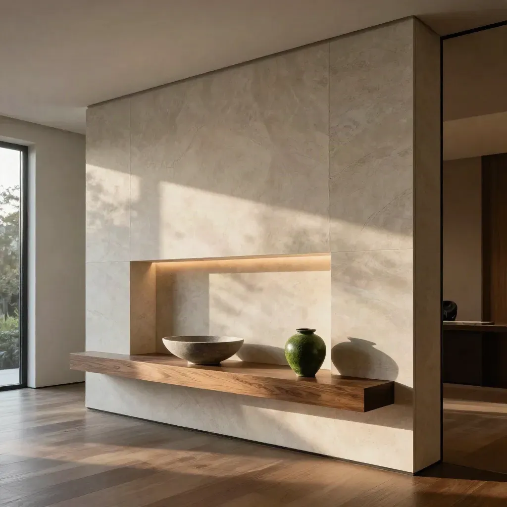Stone-clad foyer wall with niche and floating console lit by sunrise