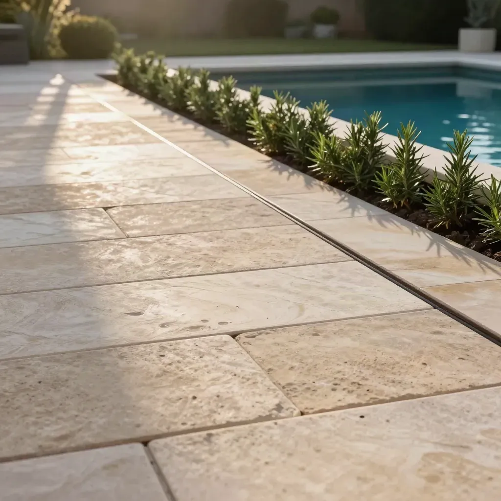 Fresh sandstone pool patio paving with drainage slot and clipped planting beds in warm sun.