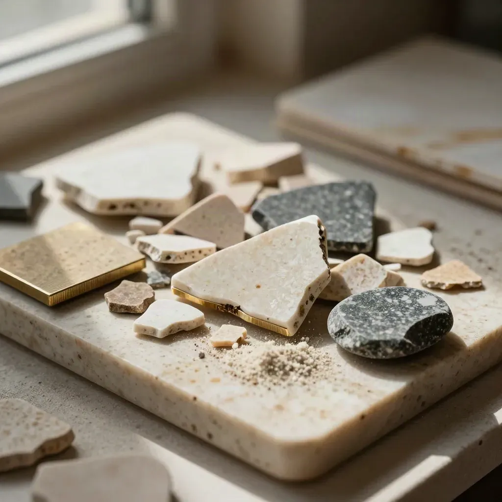 Macro stone chips and brass edge samples on a travertine tray in hard upper-left light.