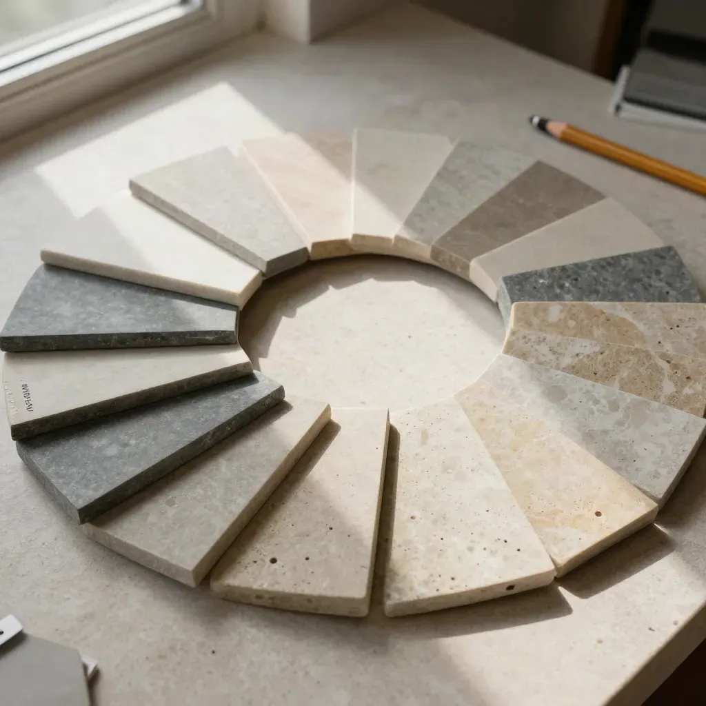 Stone swatches, wax pencil and sample tags on a pale worktable, lit from upper left