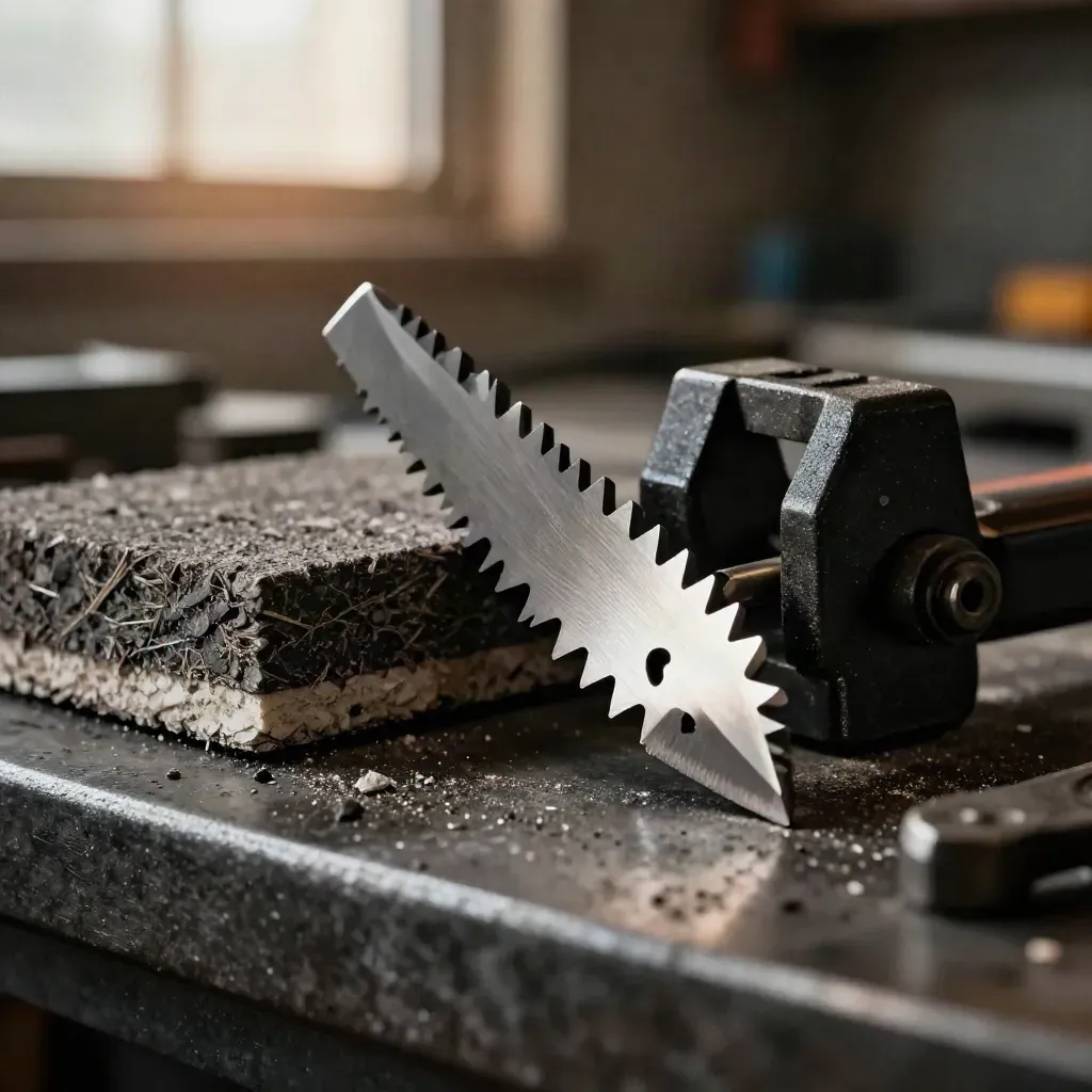Carbide blade, polishing pad, and miter clamp jaw on a dark steel bench