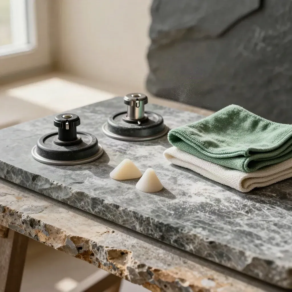 Stone installer kit with suction cups, seam clamps, wedges and cloths on a stone slab.