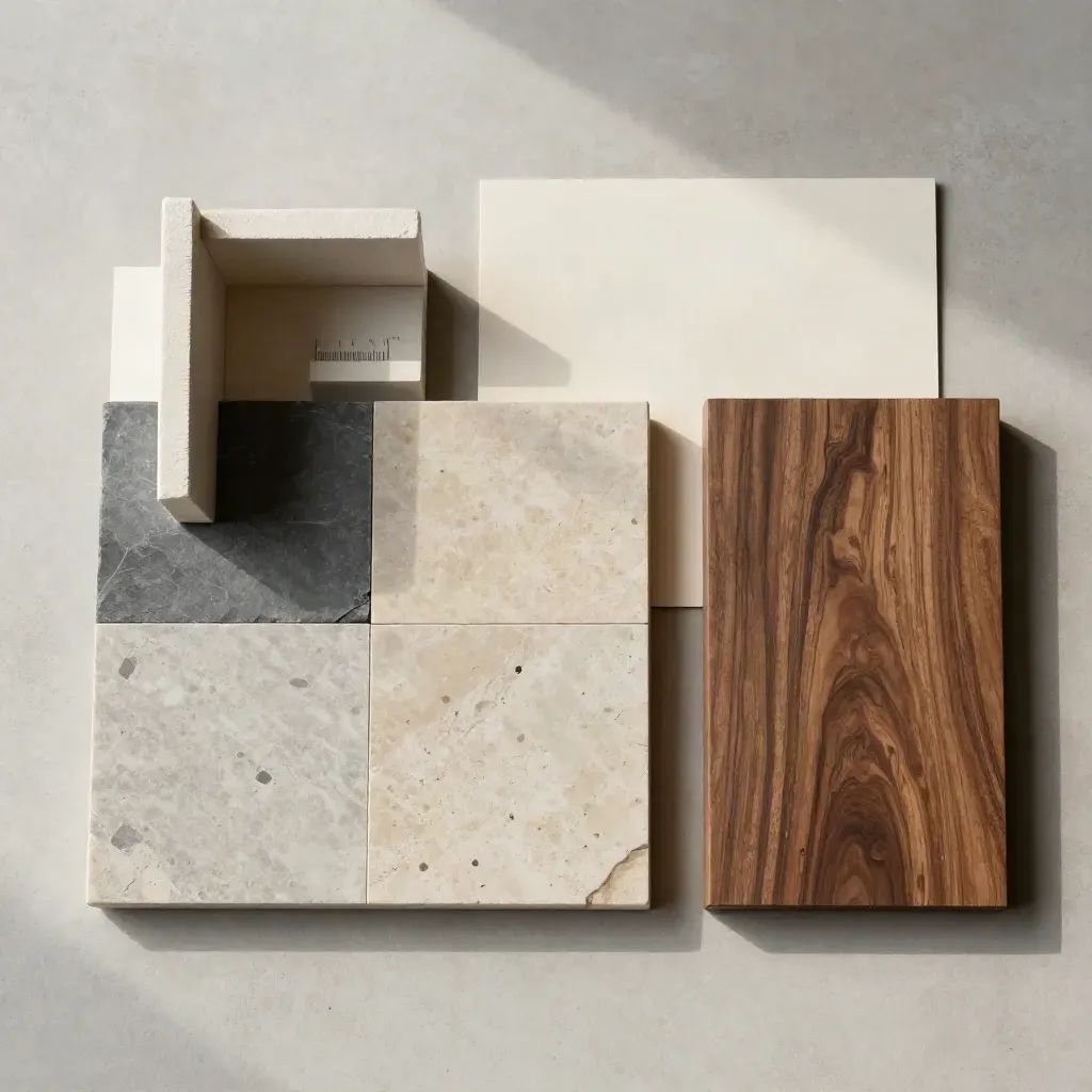 Stone sample board, miniature room corner model and walnut block on pale concrete, overhead