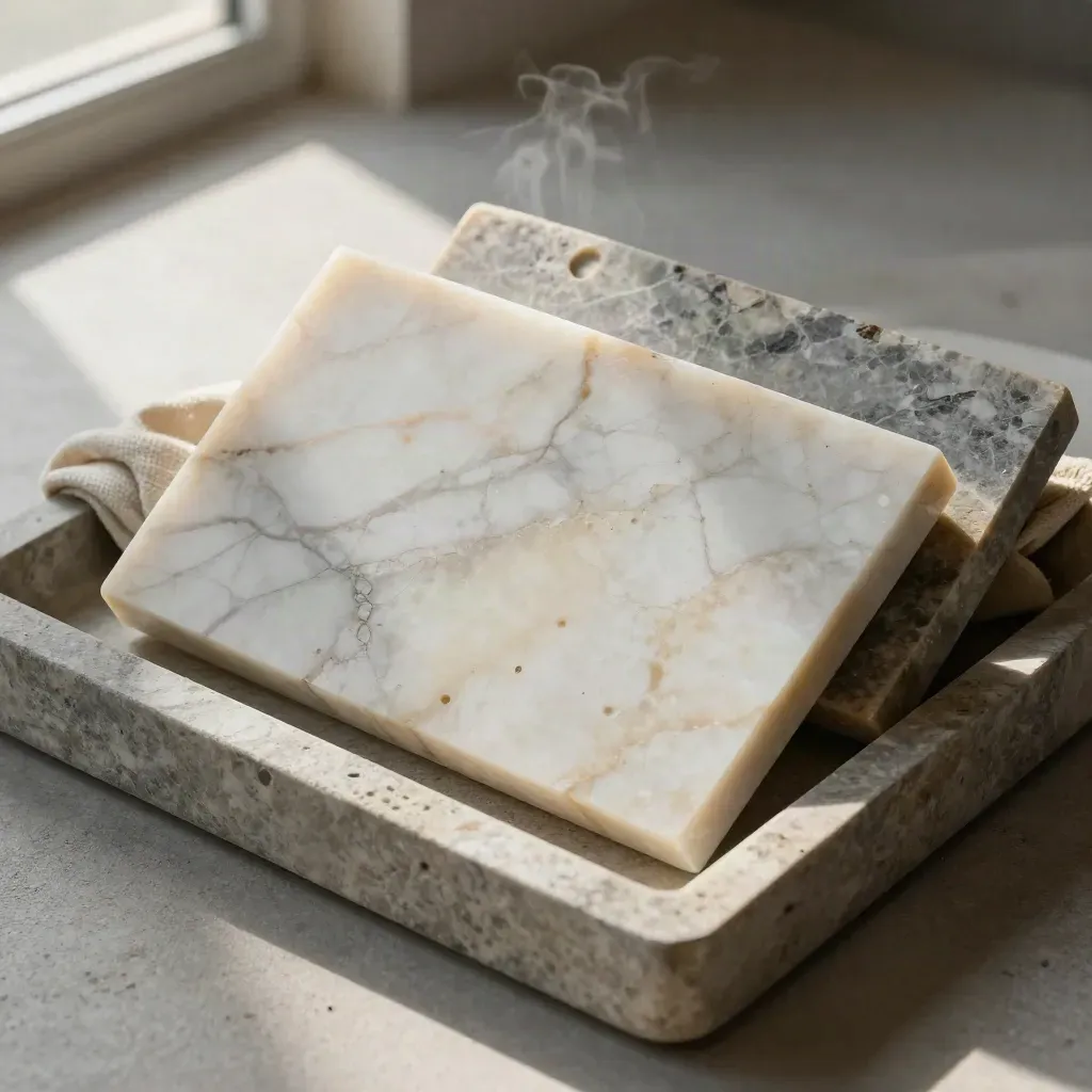 Marble, quartzite and limestone swatches with an edge chip arranged in a shallow stone tray.