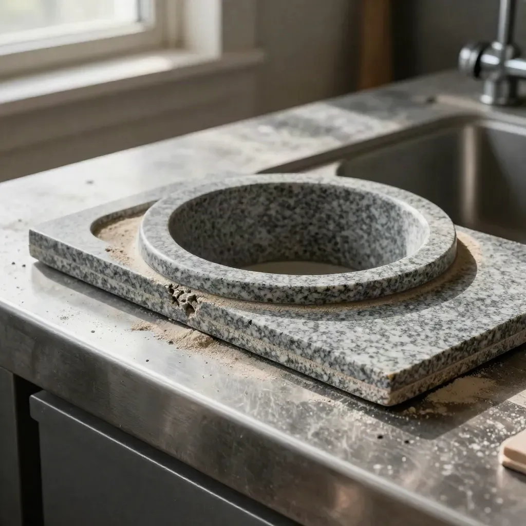 Granite offcut, sink cutout ring, and polishing pad on a steel workbench with dust