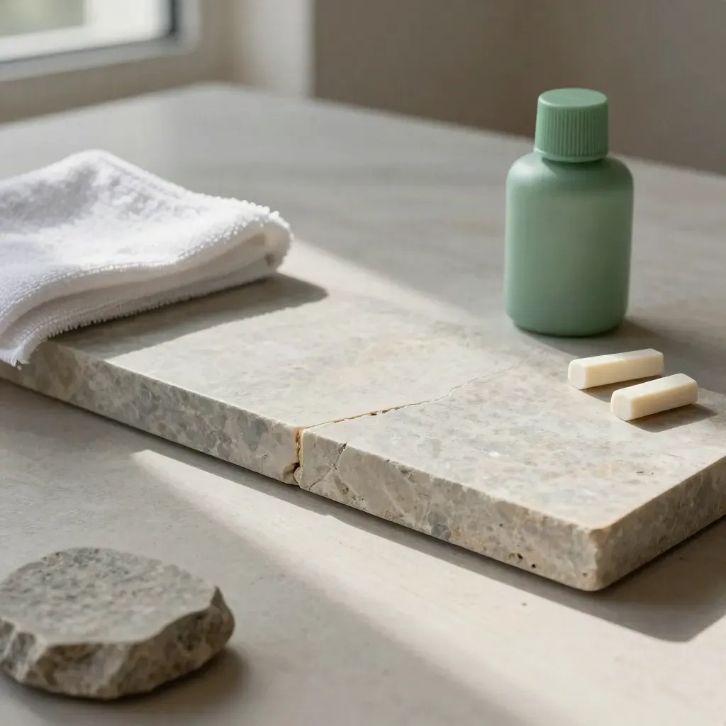 Sealed stone seam sample with cloth, wedges, and sealant bottle on pale slab
