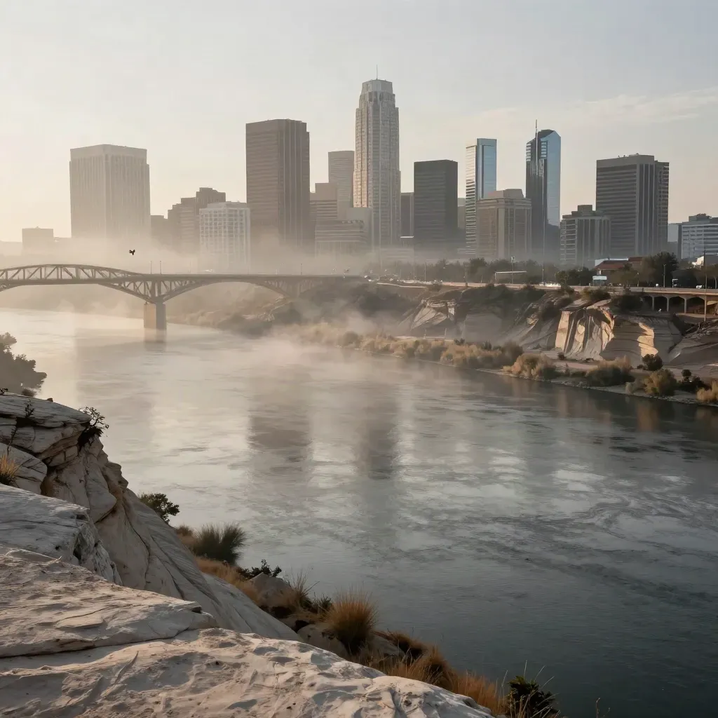 Austin skyline and bridge line glowing in first light above a hazy Colorado River bluff.
