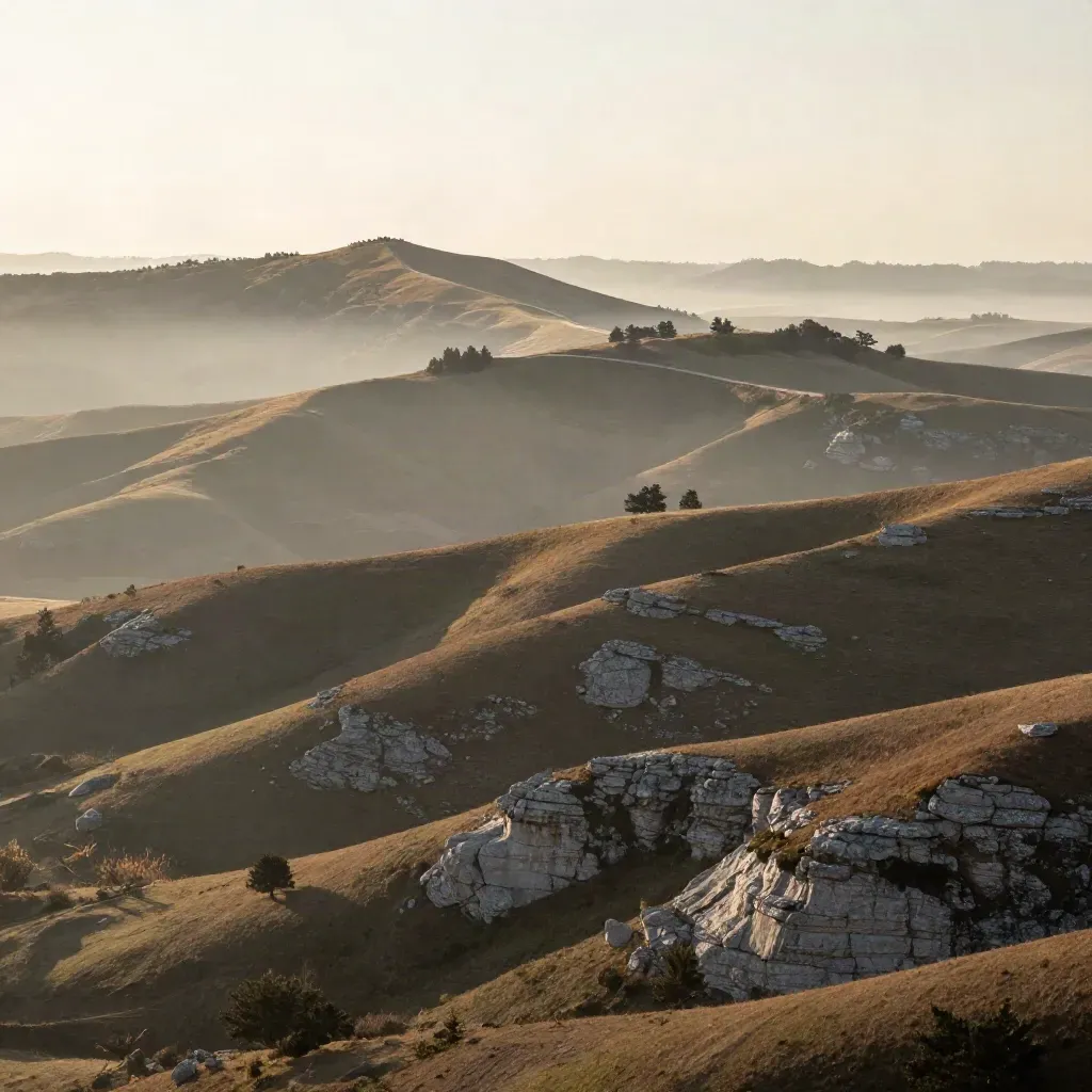 Misty Hill Country ridges, cedar slopes, limestone outcrops, and a faint ranch road at sunset.