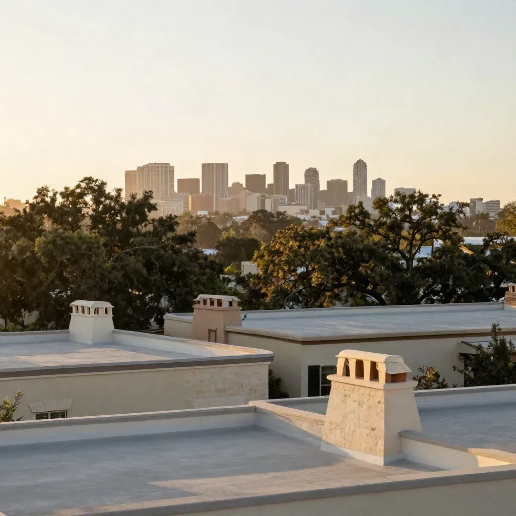 Golden-hour North Austin rooftops under live oaks with distant skyline and open copy space