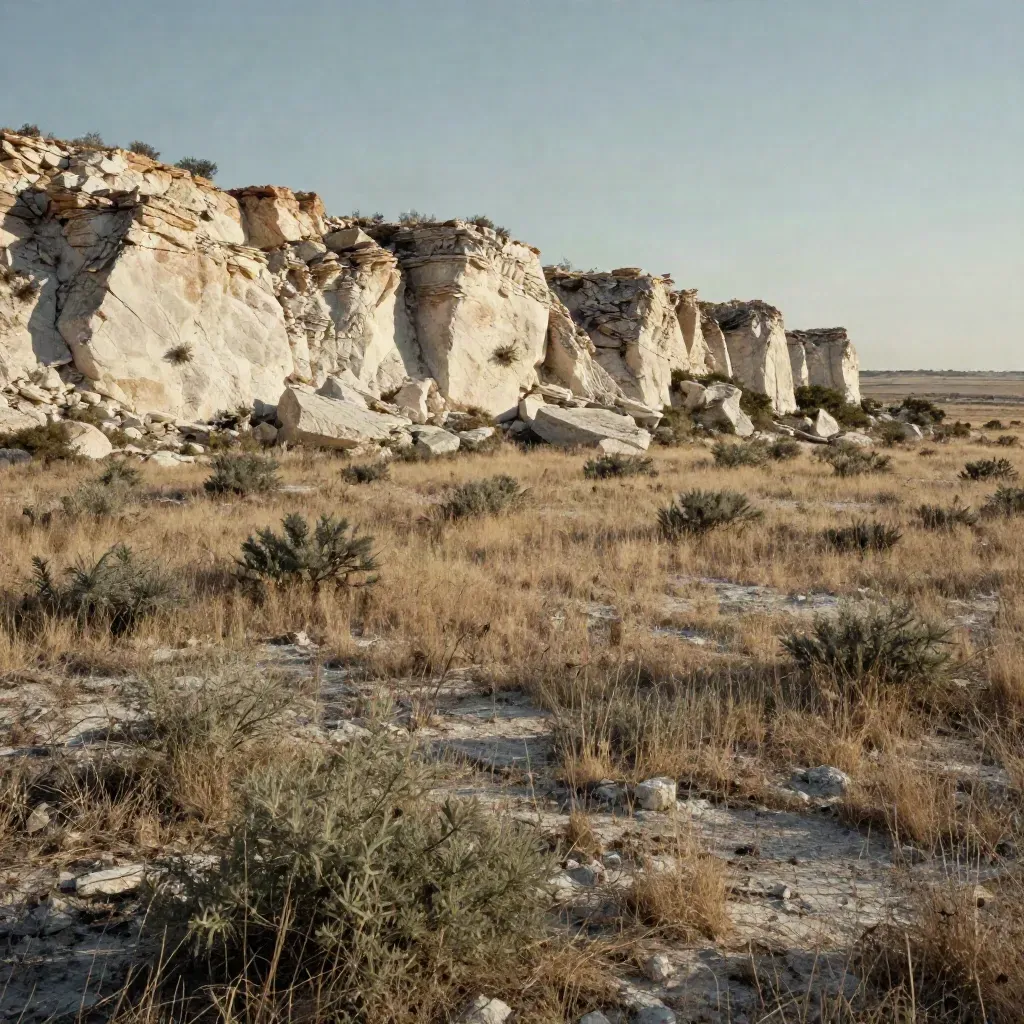 Pale limestone roadcut above a mesquite plain in dry haze, with soft ivory light across South Central Texas