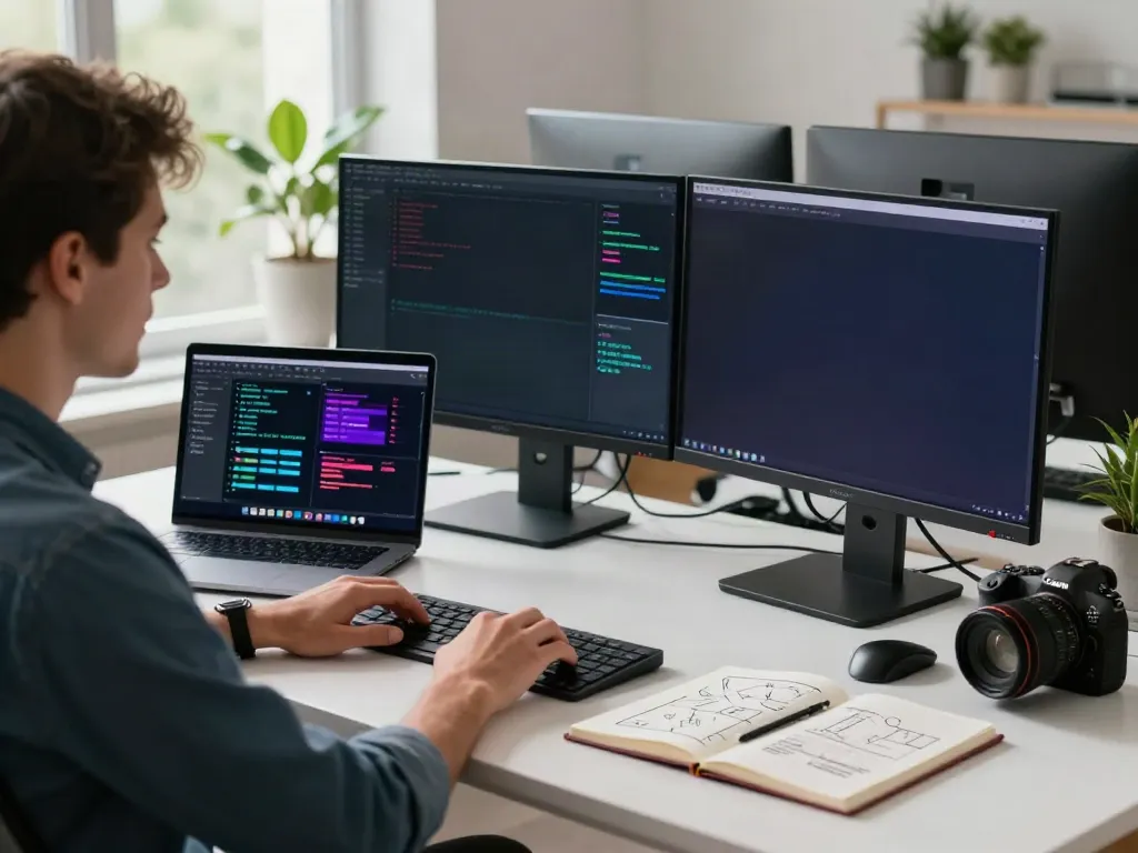 Developer coding on dual monitors in a modern workspace with brave浏览器 displayed.